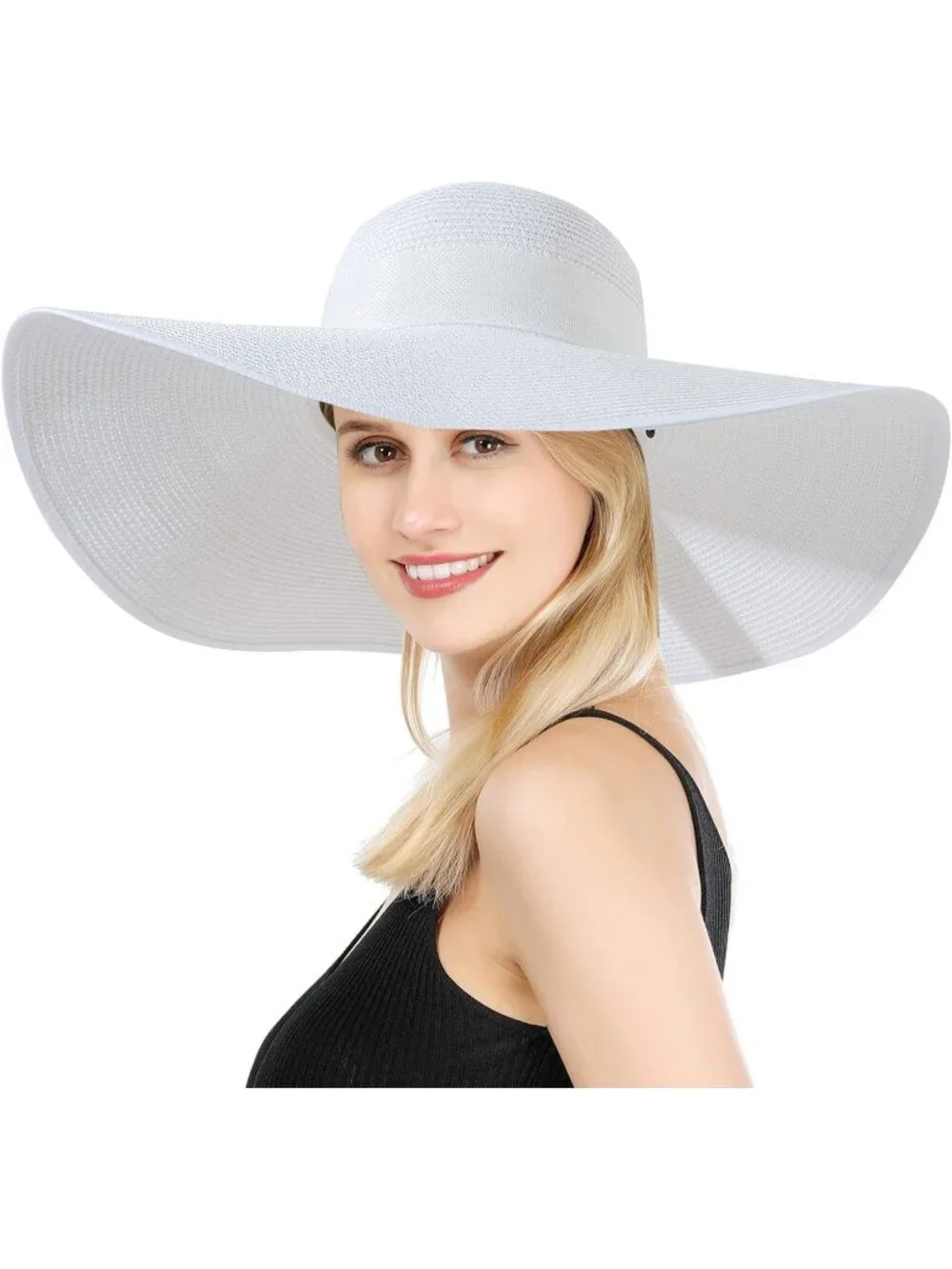 Women's White 5.7 Inches Big Bowknot Straw Hat Large Floppy Foldable Cap